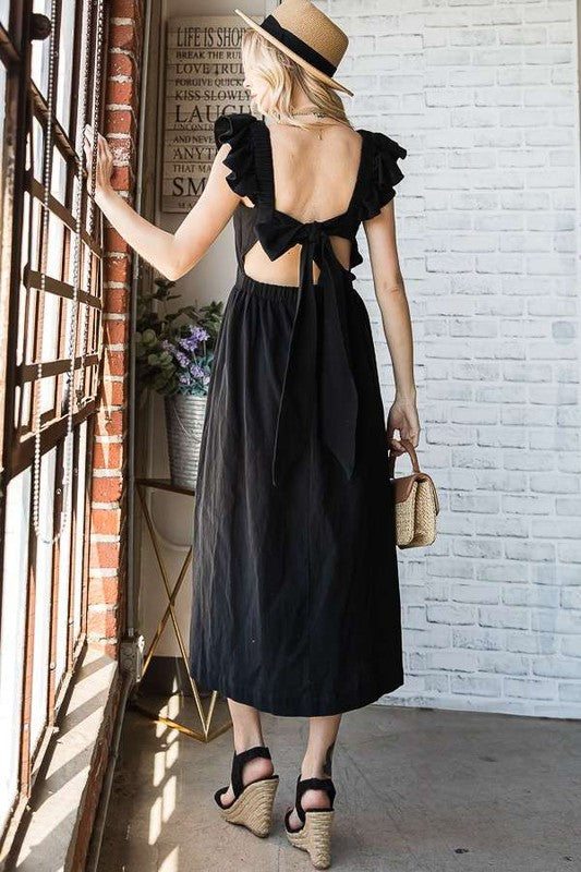 Women Linen Square Neck Ruffle Strap Sleeves Midi Dress Tie Back Zarnesh