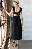 Women Linen Square Neck Ruffle Strap Sleeves Midi Dress Tie Back Zarnesh