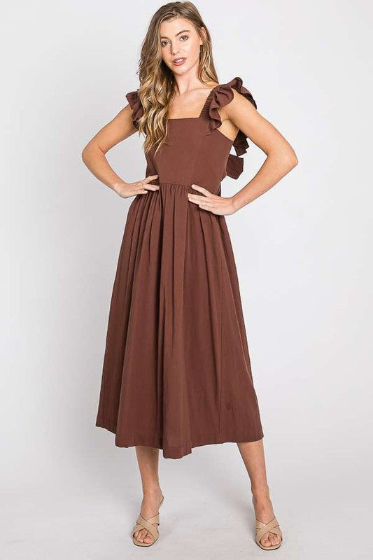 Women Linen Square Neck Ruffle Strap Sleeves Midi Dress Tie Back Zarnesh