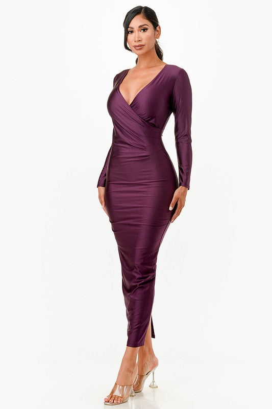 Women Long Sleeve Full Length Shiny Tricot Overlap Long Dress Zarnesh