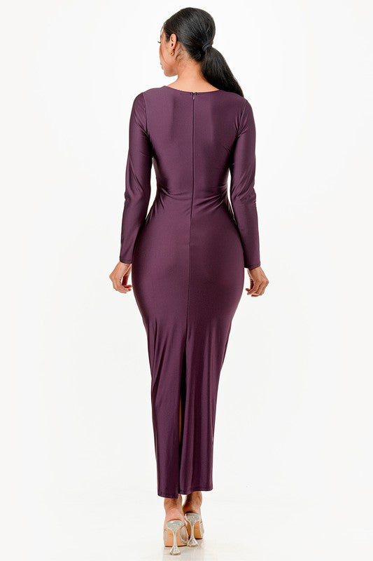 Women Long Sleeve Full Length Shiny Tricot Overlap Long Dress Zarnesh