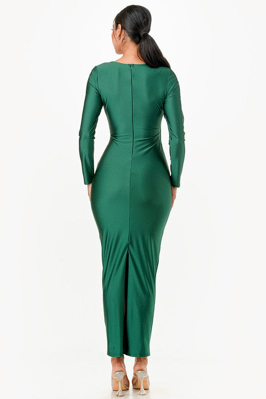 Women Long Sleeve Full Length Shiny Tricot Overlap Long Dress Zarnesh