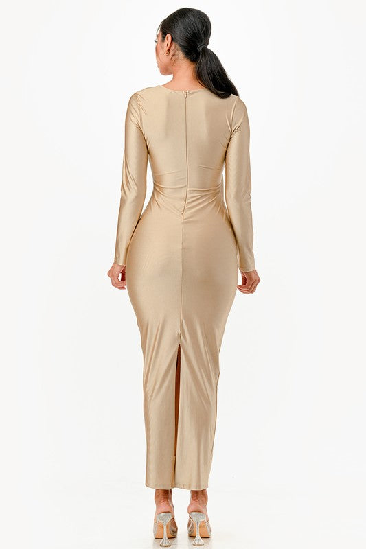Women Long Sleeve Full Length Shiny Tricot Overlap Long Dress Zarnesh