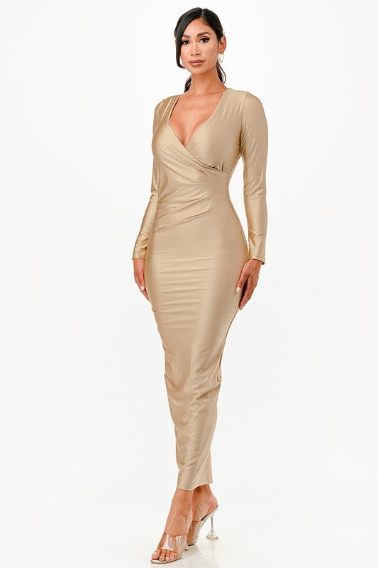 Women Long Sleeve Shiny Tricot Overlap Long Dress | Zarnesh