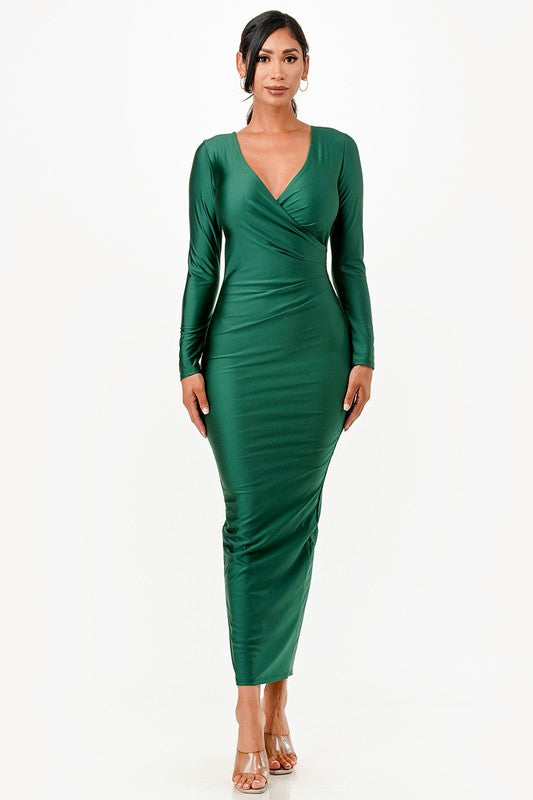 Women Long Sleeve Full Length Shiny Tricot Overlap Long Dress Zarnesh