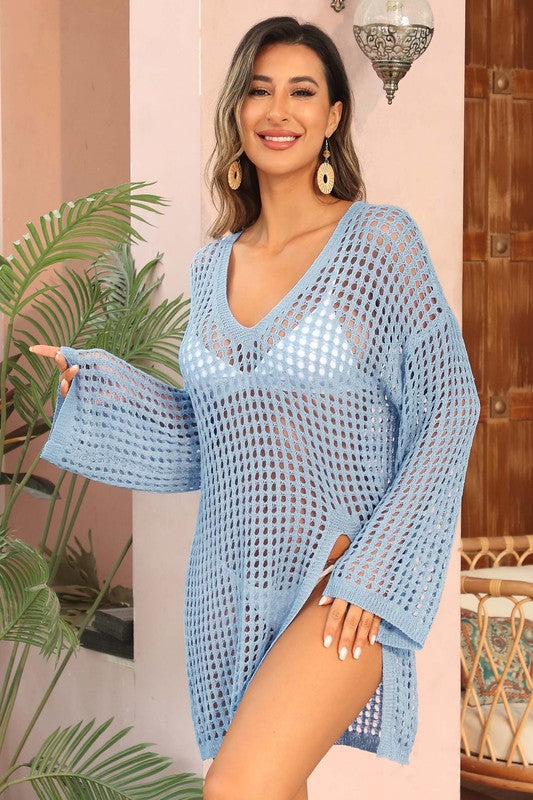 Women Loose Fit V Neck Crochet Side Split Beach Cover Up Zarnesh