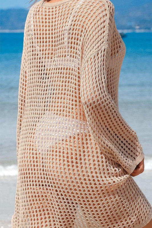Women Loose Fit V Neck Crochet Side Split Beach Cover Up Zarnesh