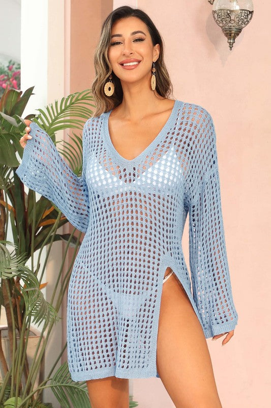Women Loose Fit V Neck Crochet Side Split Beach Cover Up Zarnesh