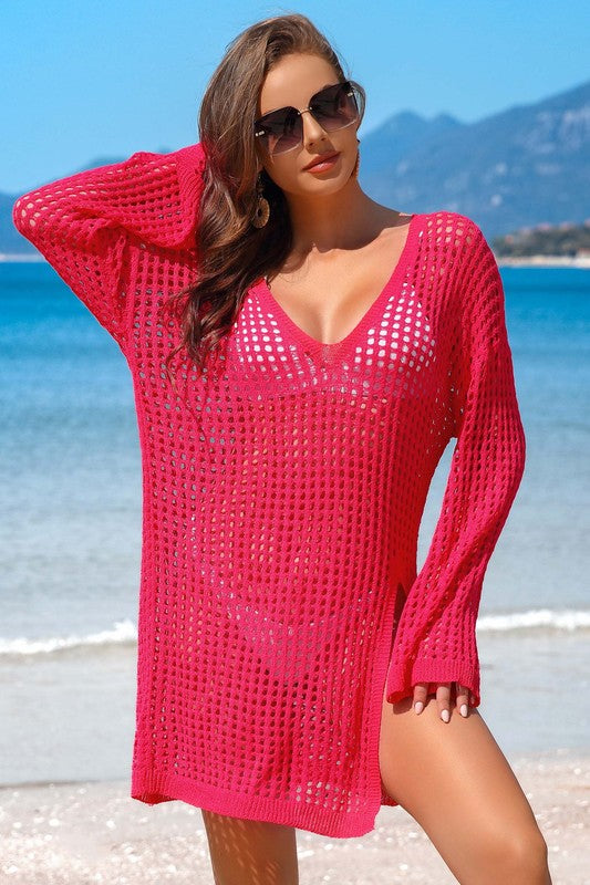 Women Loose Fit V Neck Crochet Side Split Beach Cover Up Zarnesh