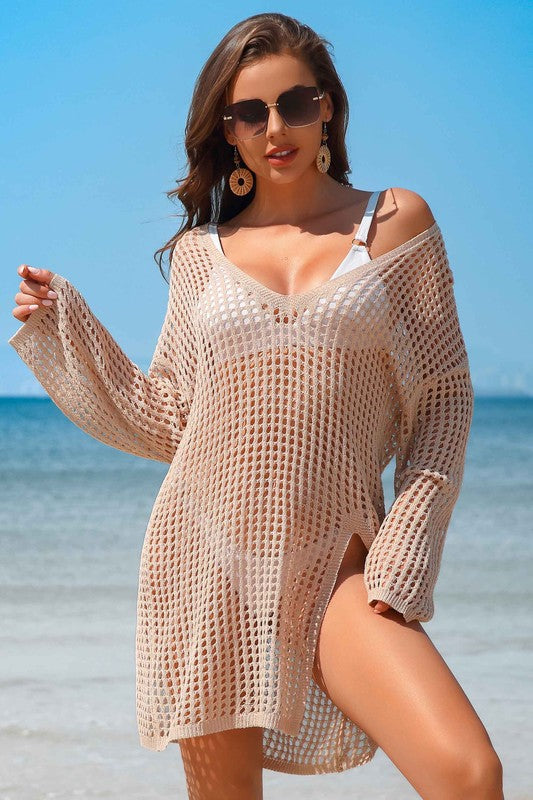 Women Loose Fit V Neck Crochet Side Split Beach Cover Up Zarnesh