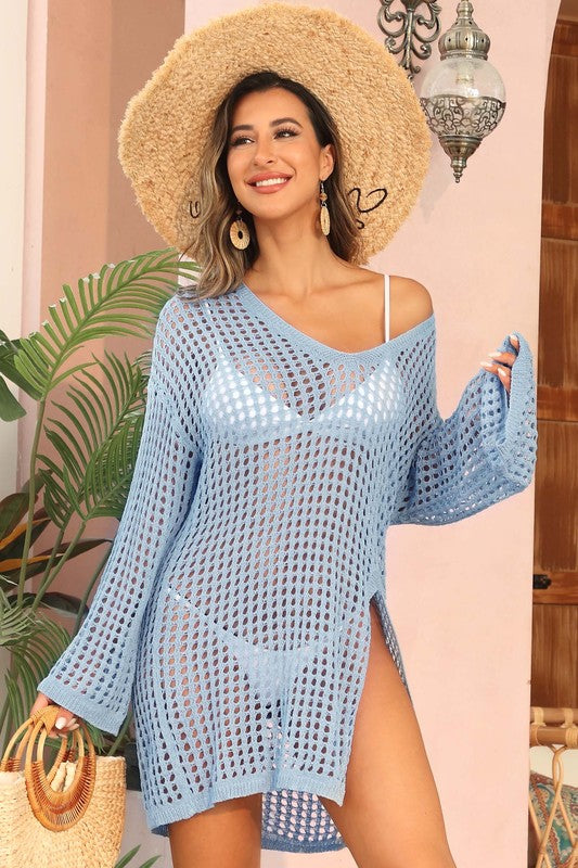 Women Loose Fit V Neck Crochet Side Split Beach Cover Up Zarnesh