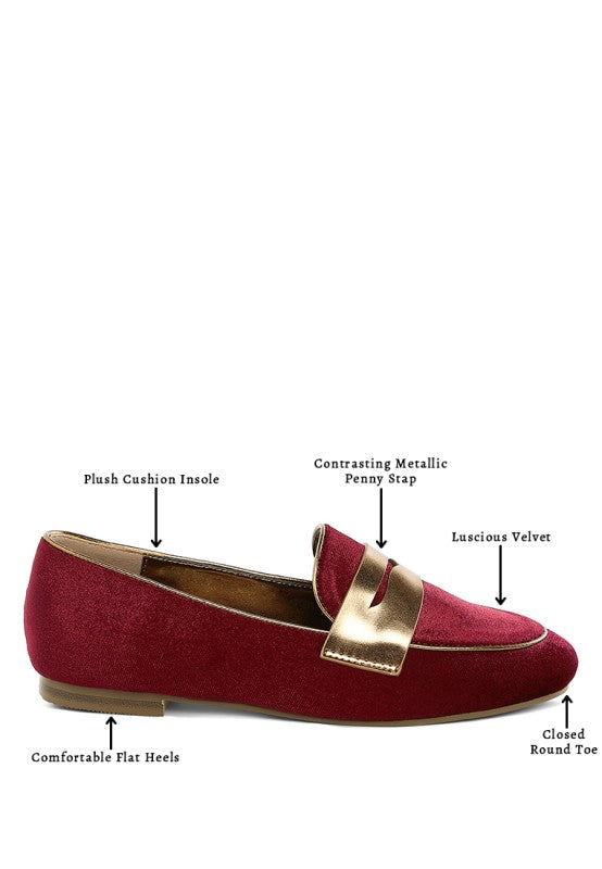 Women Malta Penny Strap Velvet Flat Heel Loafers | Zarnesh