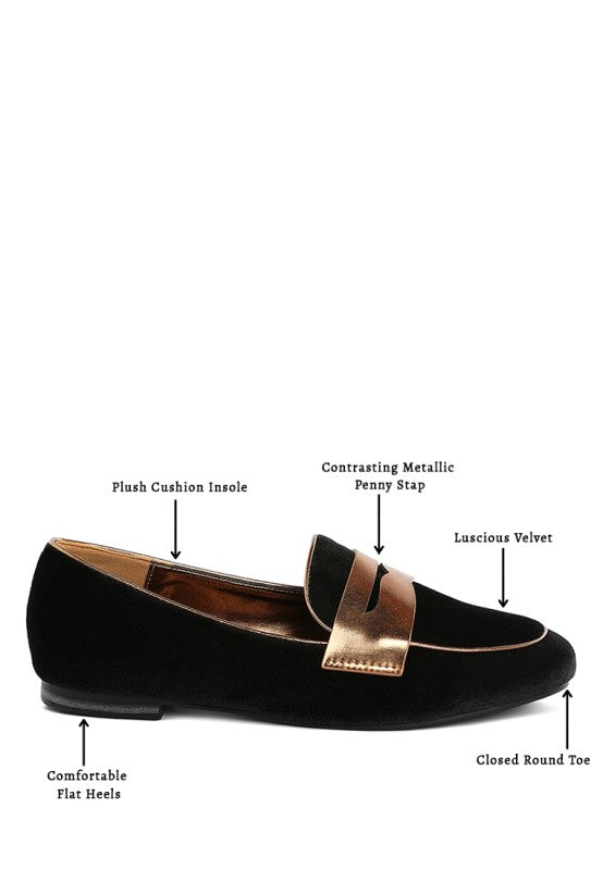 Women Malta Penny Strap Velvet Flat Heel Loafers | Zarnesh
