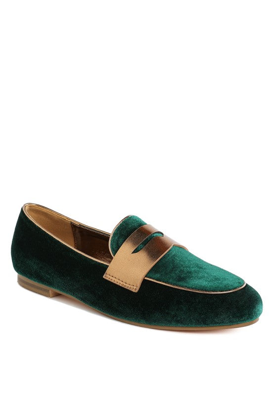 Women Malta Penny Strap Velvet Flat Heel Loafers | Zarnesh