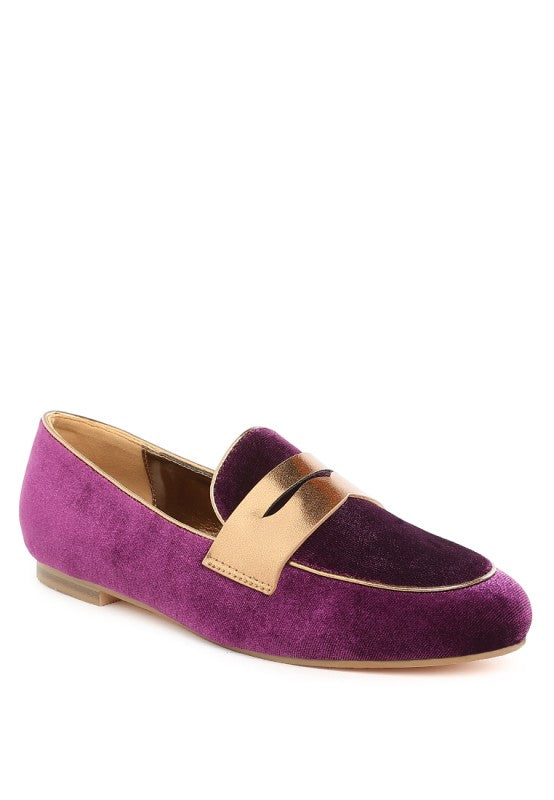 Women Malta Penny Strap Velvet Flat Heel Loafers | Zarnesh