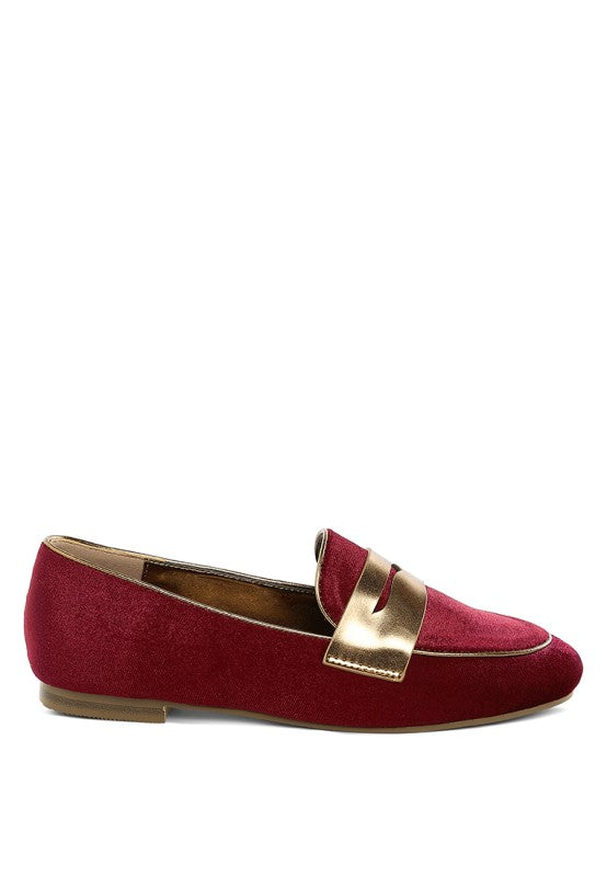 Women Malta Penny Strap Velvet Flat Heel Loafers | Zarnesh