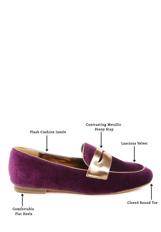 Women Malta Penny Strap Velvet Flat Heel Loafers | Zarnesh