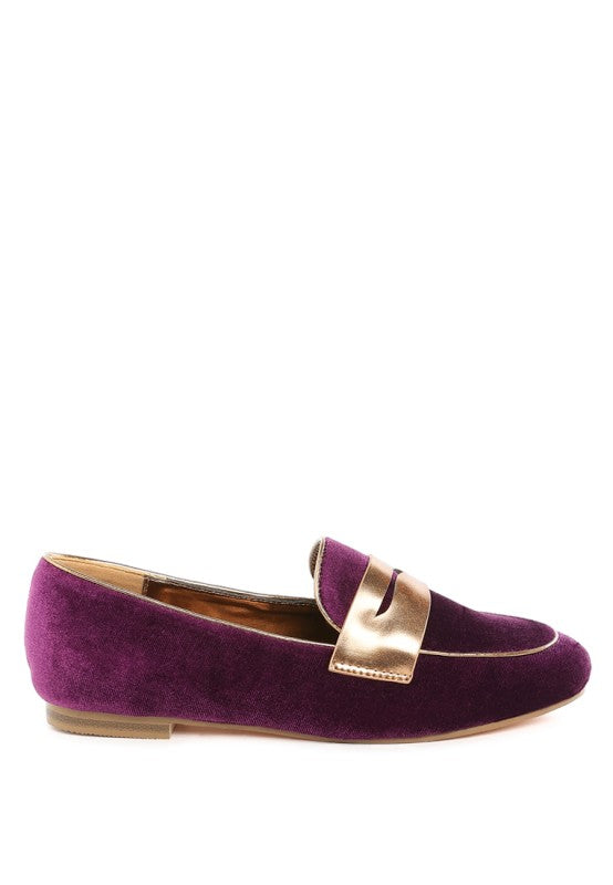 Women Malta Penny Strap Velvet Flat Heel Loafers | Zarnesh