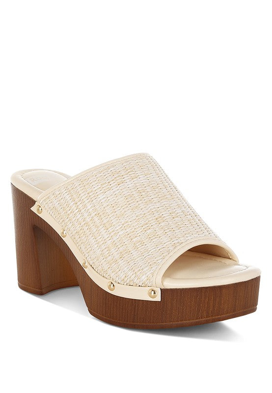 Women Marengo Raffia Wooden Clogs Flatform Block Heel | Zarnesh