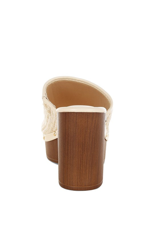 Women Marengo Raffia Wooden Clogs Flatform Block Heel | Zarnesh