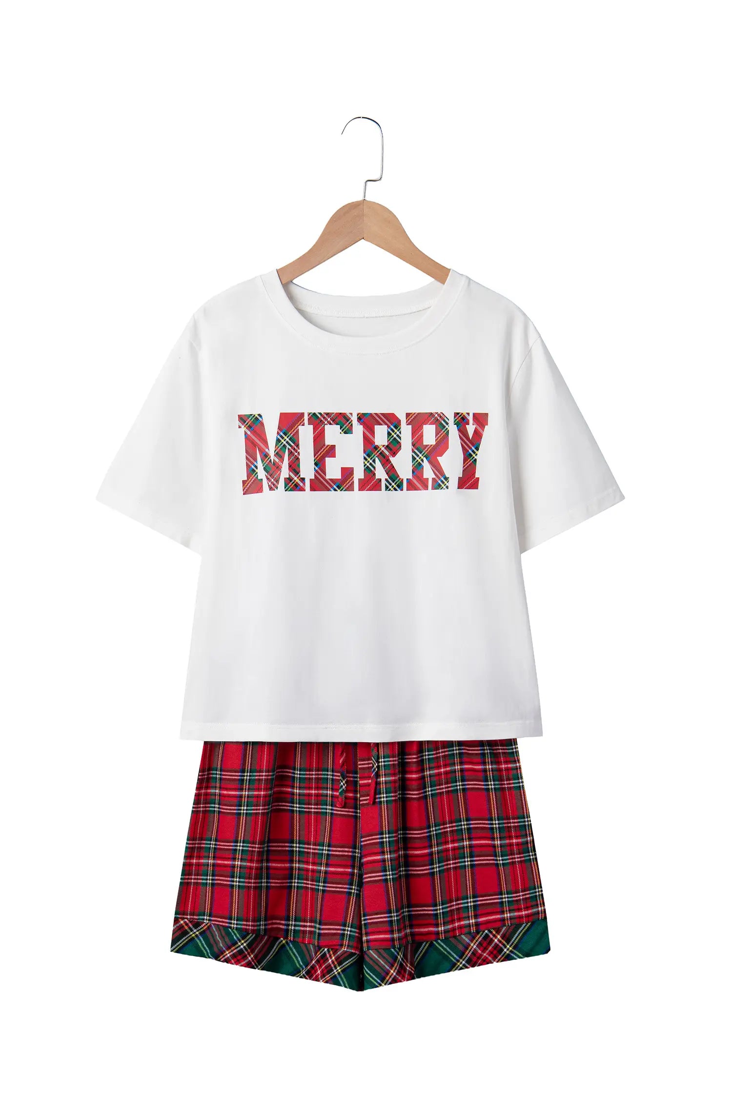 Holiday MERRY tee with red-green plaid shorts on hanger.