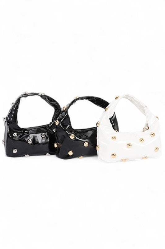 Womens Metal Studded Top Hangle Patent Faux Leather Bag Zarnesh
