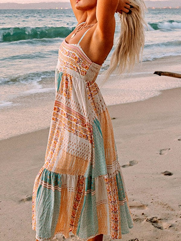 Women Mint Boho Patchwork Print Square Neck Sundress | Zarnesh