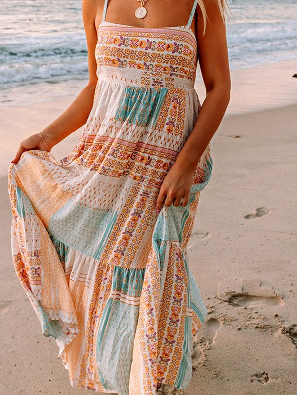 Women Mint Boho Patchwork Print Square Neck Sundress | Zarnesh