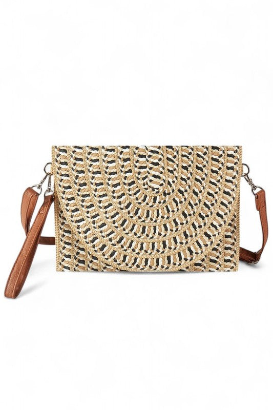 Women Mix Tone Faux Straw Convertible Crossbody Clutch Bag Zarnesh