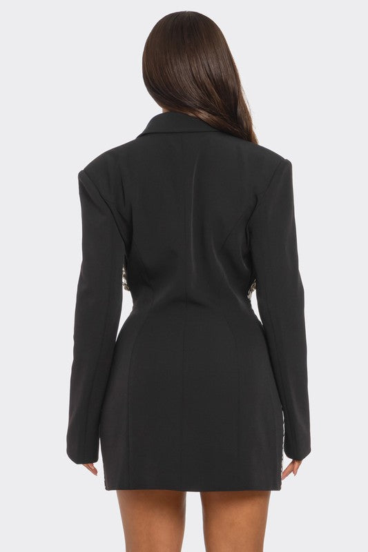 Women Monochrome Glam Houndstooth Lapel Collar Tailored Fit Blazer Dress Zarnesh