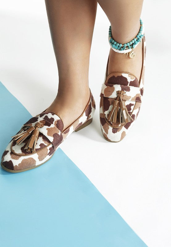 Women Moraug Cow Print Faux Suede Tassels Loafers | Zarnesh