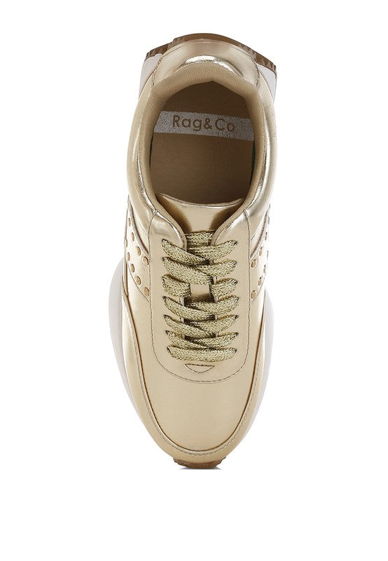 Women Mujori Metallic Pleather Studded Lace Up Sneakers | Zarnesh