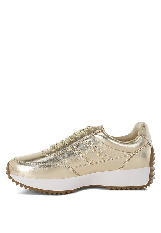 Women Mujori Metallic Pleather Studded Lace Up Sneakers | Zarnesh