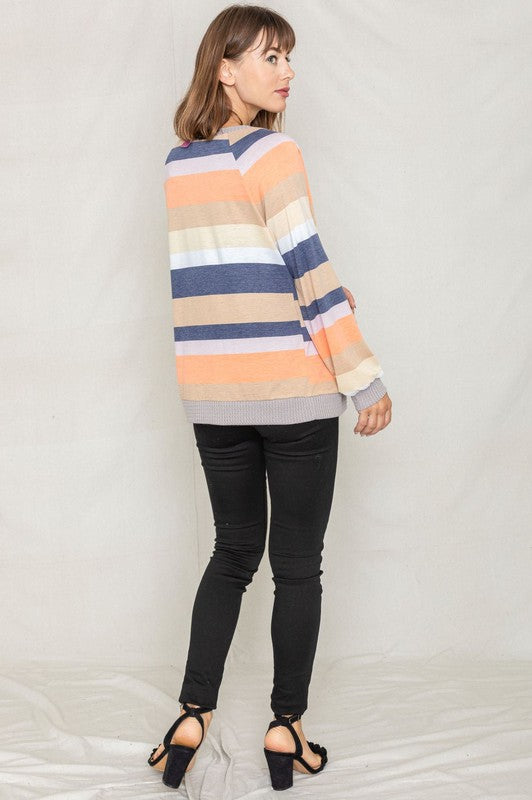 Women's Multi Color Stripe Waffle Trim Open Cardigan | Zarnesh