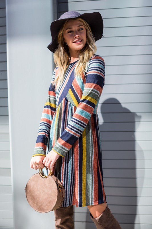 Women Multi Color Cross Stripe Slightly Fitted Cut Midi Dress Zarnesh