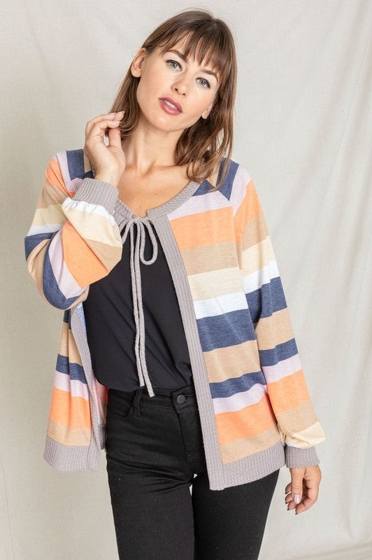 Women's Multi Color Stripe Waffle Trim Open Cardigan | Zarnesh