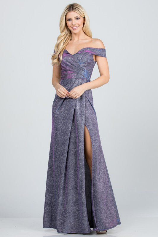 Women Off Shoulder Sleeveless Zipper Glittery Jacquard Gown Zarnesh