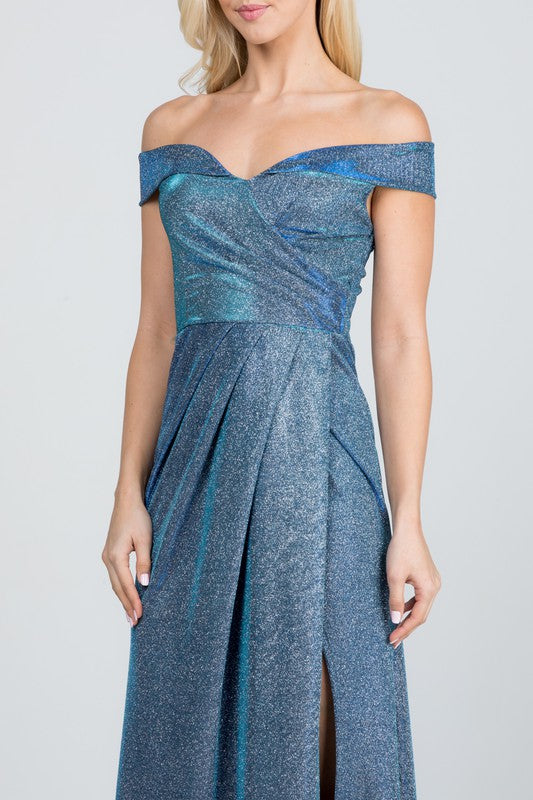 Women Off Shoulder Sleeveless Zipper Glittery Jacquard Gown Zarnesh