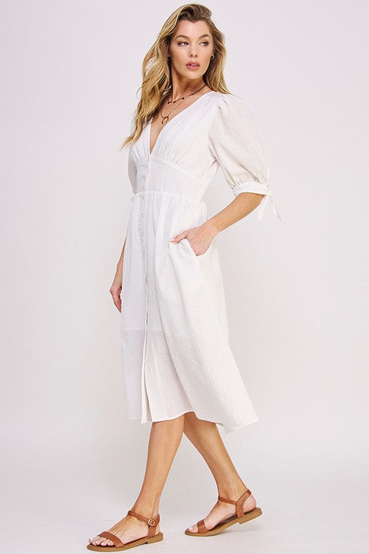 Women Puff Sleeve Lined Tie Elastic Button Down Midi Dress Zarnesh