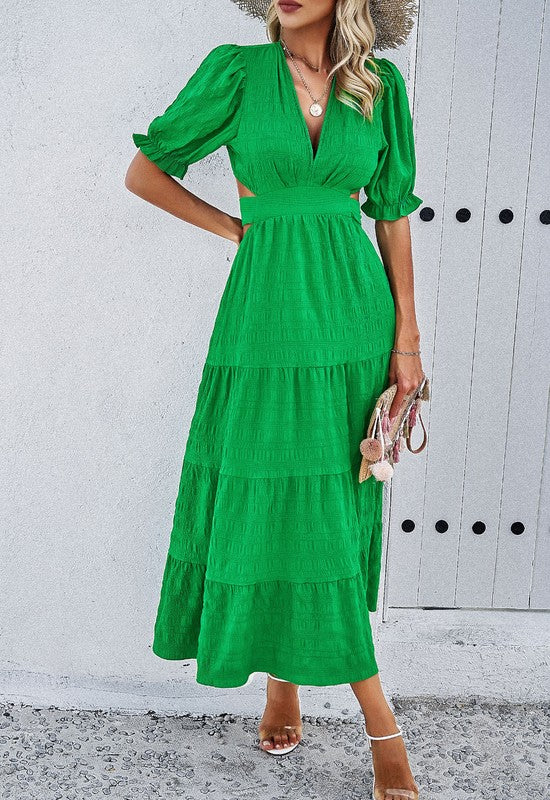 Women Open Back Cutout V Neckline Short Puff Sleeves Midi Dress Zarnesh