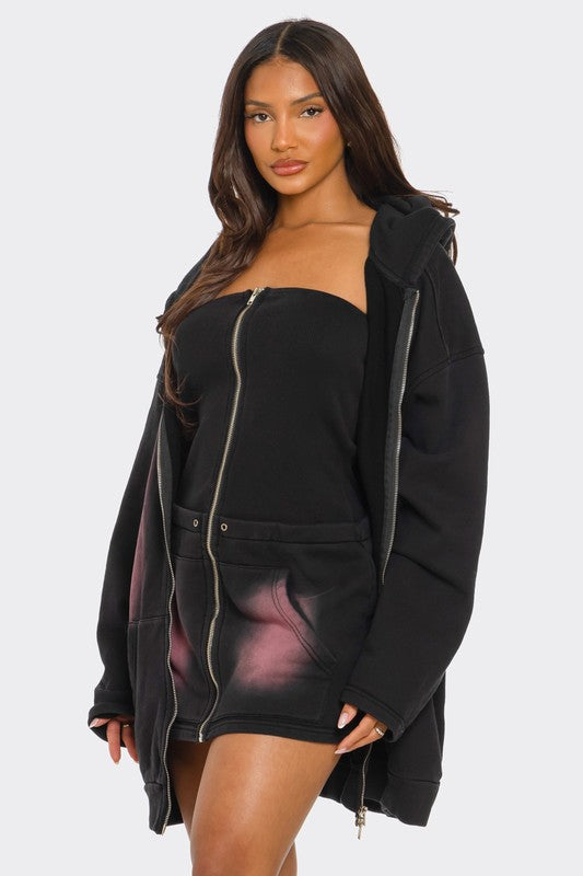 Women Oversized Pockets Zipper Ombre Hoodie and Dress Set Zarnesh