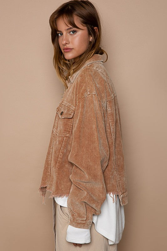 Women Oversized Ribbed Texture Button Front Pockets Shacket Zarnesh