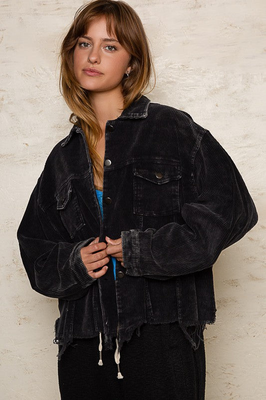 Women Oversized Ribbed Texture Button Front Pockets Shacket Zarnesh