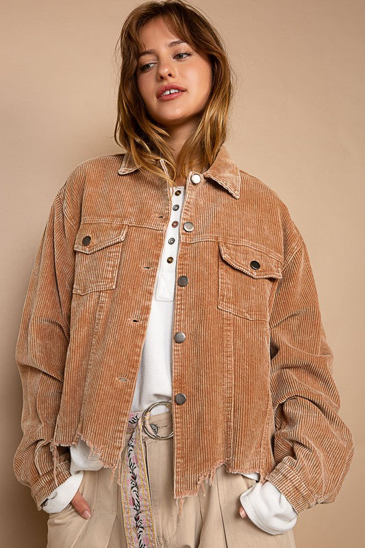 Women Oversized Ribbed Texture Button Front Pockets Shacket Zarnesh