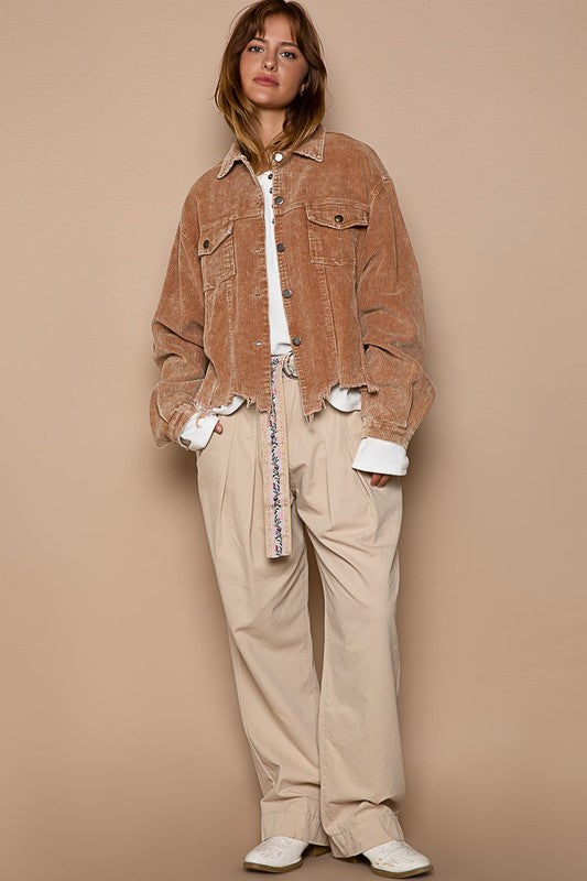 Women Oversized Ribbed Texture Button Front Pockets Shacket Zarnesh