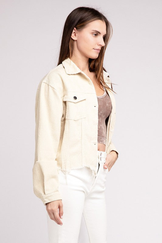 Women Oversized Ribbed Texture Button Front Pockets Shacket Zarnesh