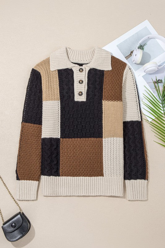Women’s Paige Cable Knit Sleeve Buttons Collared Sweater | Zarnesh