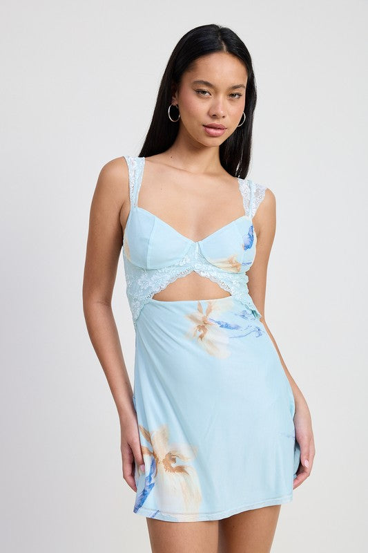 Women Pastel Floral Lace Shoulder Straps Supportive Bust Mini Dress