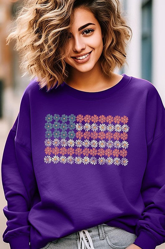 Women Patriotic Flower Flag Graphic Fleece Sweatshirts | Zarnesh