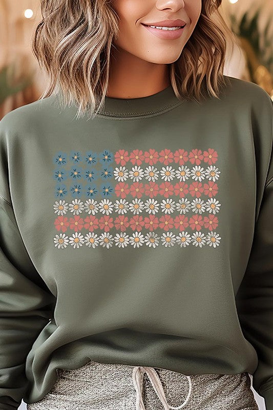 Women Patriotic Flower Flag Graphic Fleece Sweatshirts | Zarnesh